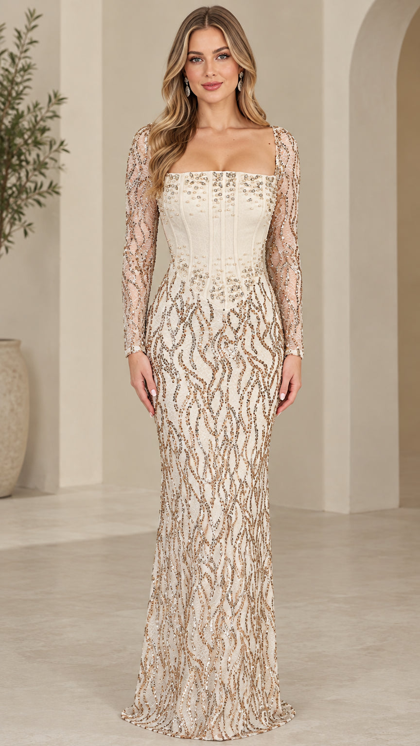 Full front view of champagne long sleeve sequin corset maxi gown