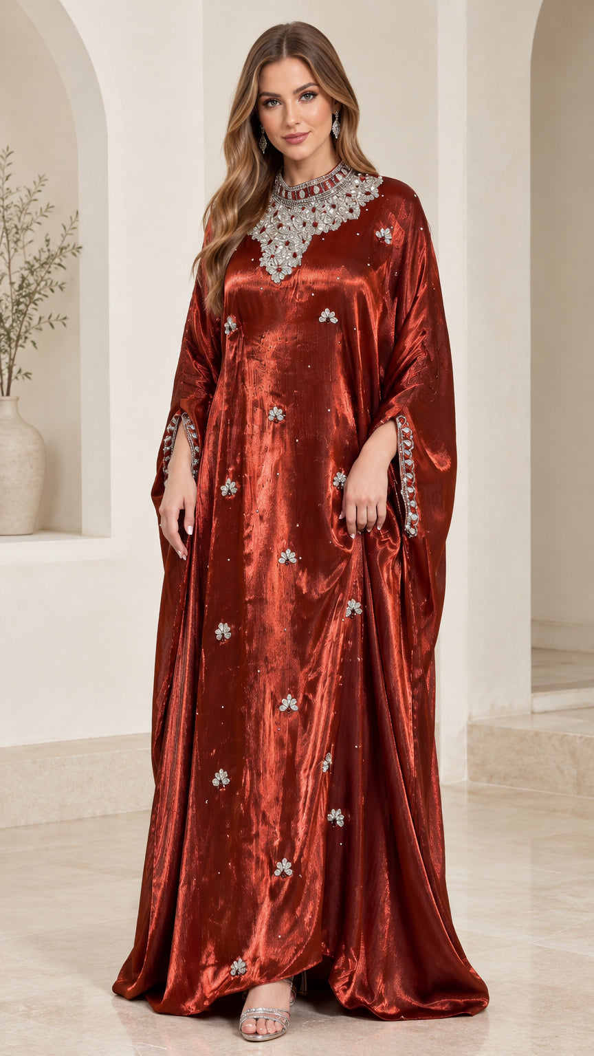 Rust red shimmering kaftan maxi dress with crystal embellished collar front view