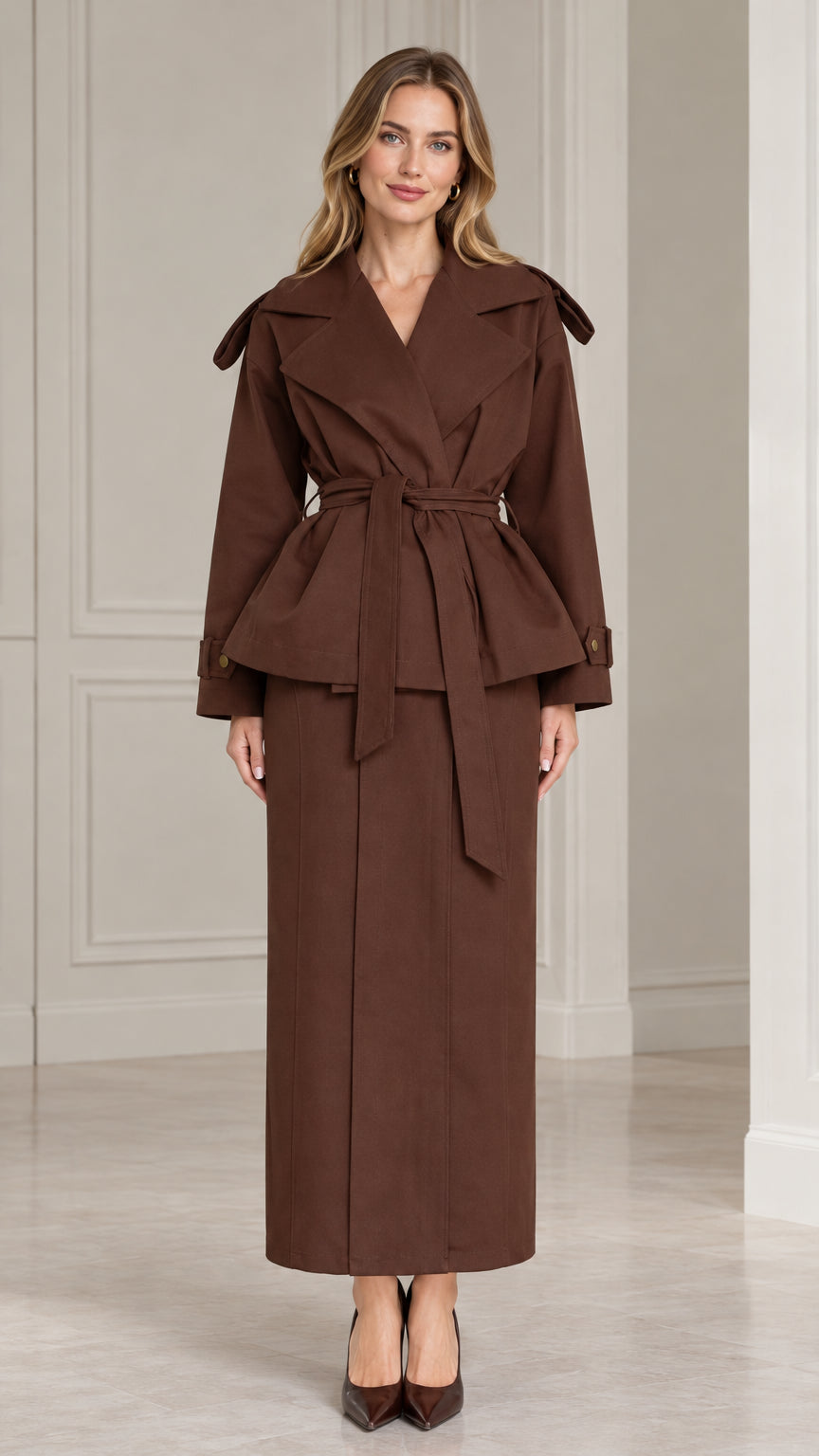 Front view of model wearing chocolate brown belted peplum jacket and maxi skirt set