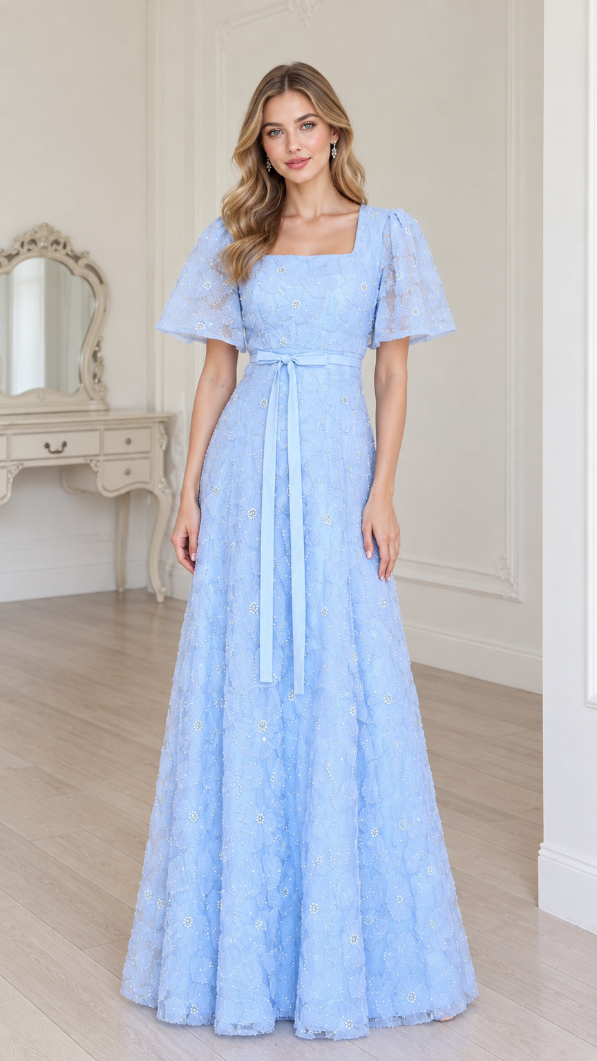 Front view of model wearing light blue square neck flutter sleeve lace maxi dress