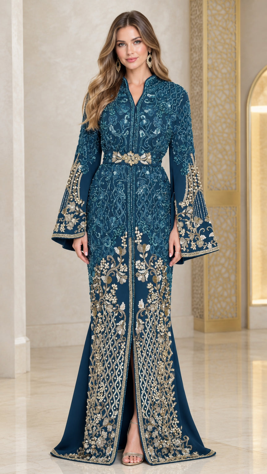 Teal embroidered Moroccan caftan evening dress front view with bell sleeves and belt