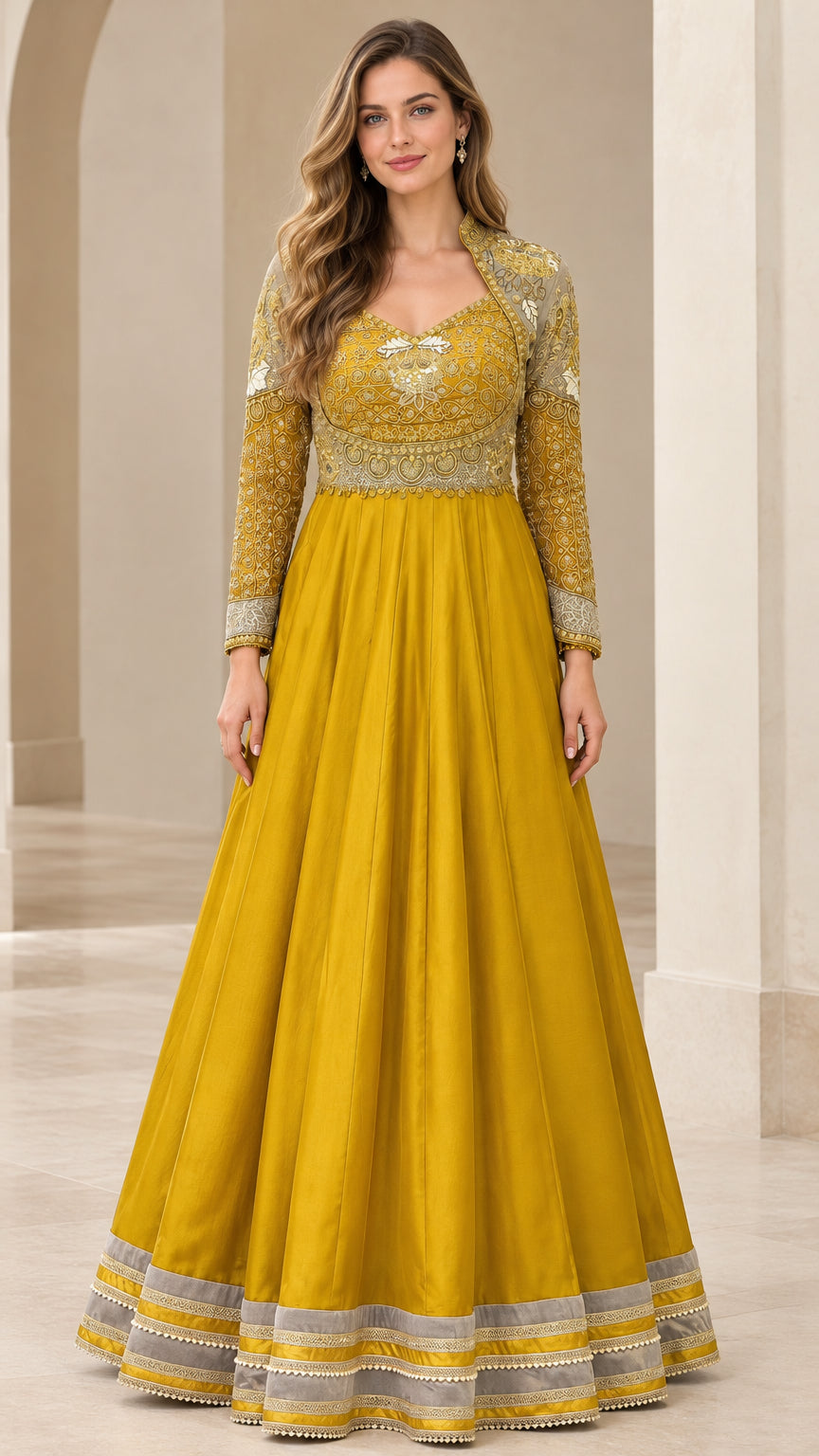 Front view of woman wearing Mustard Yellow embroidered long sleeve maxi evening gown