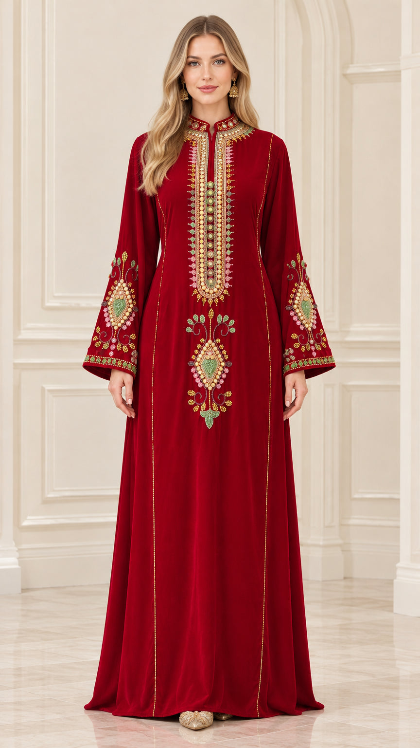 Full front view of wine red velvet embroidered kaftan maxi dress with flared sleeves