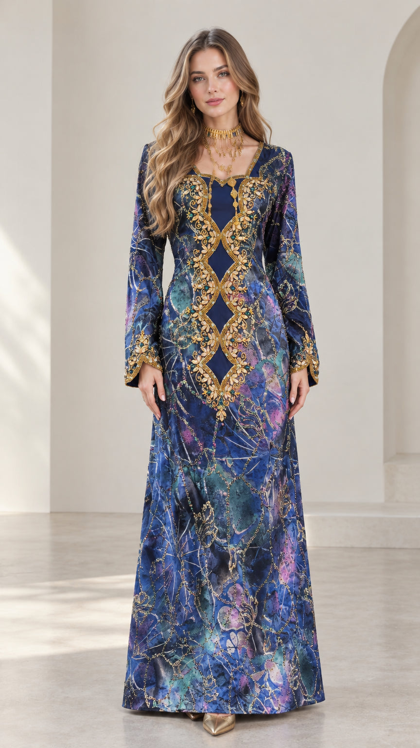 Front full-length view of royal blue embroidered kaftan maxi dress with gold beadwork