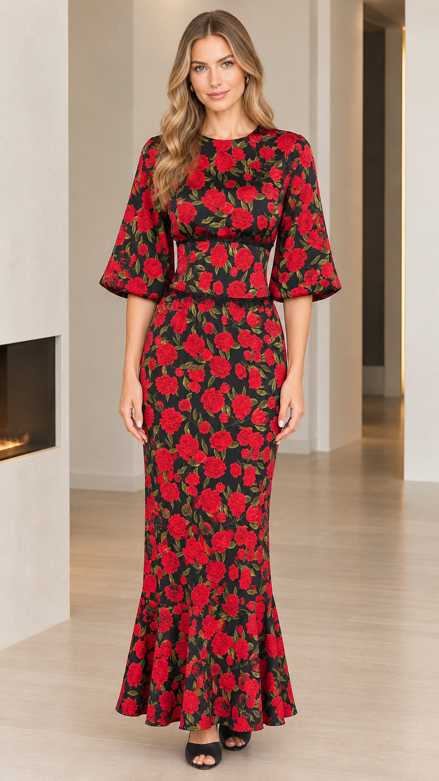 Front view of model wearing black floral mermaid maxi dress with bell sleeves