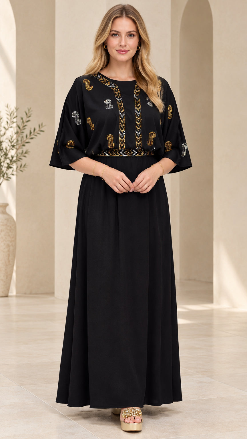 Full front view of model wearing black embellished kimono sleeve kaftan maxi dress