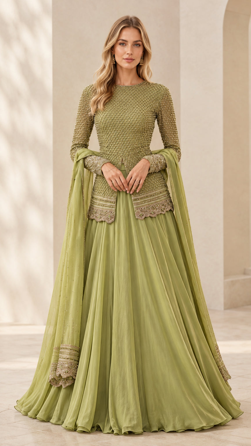 Front full view of woman wearing sage green embroidered long sleeve peplum top with pleated maxi skirt and dupatta