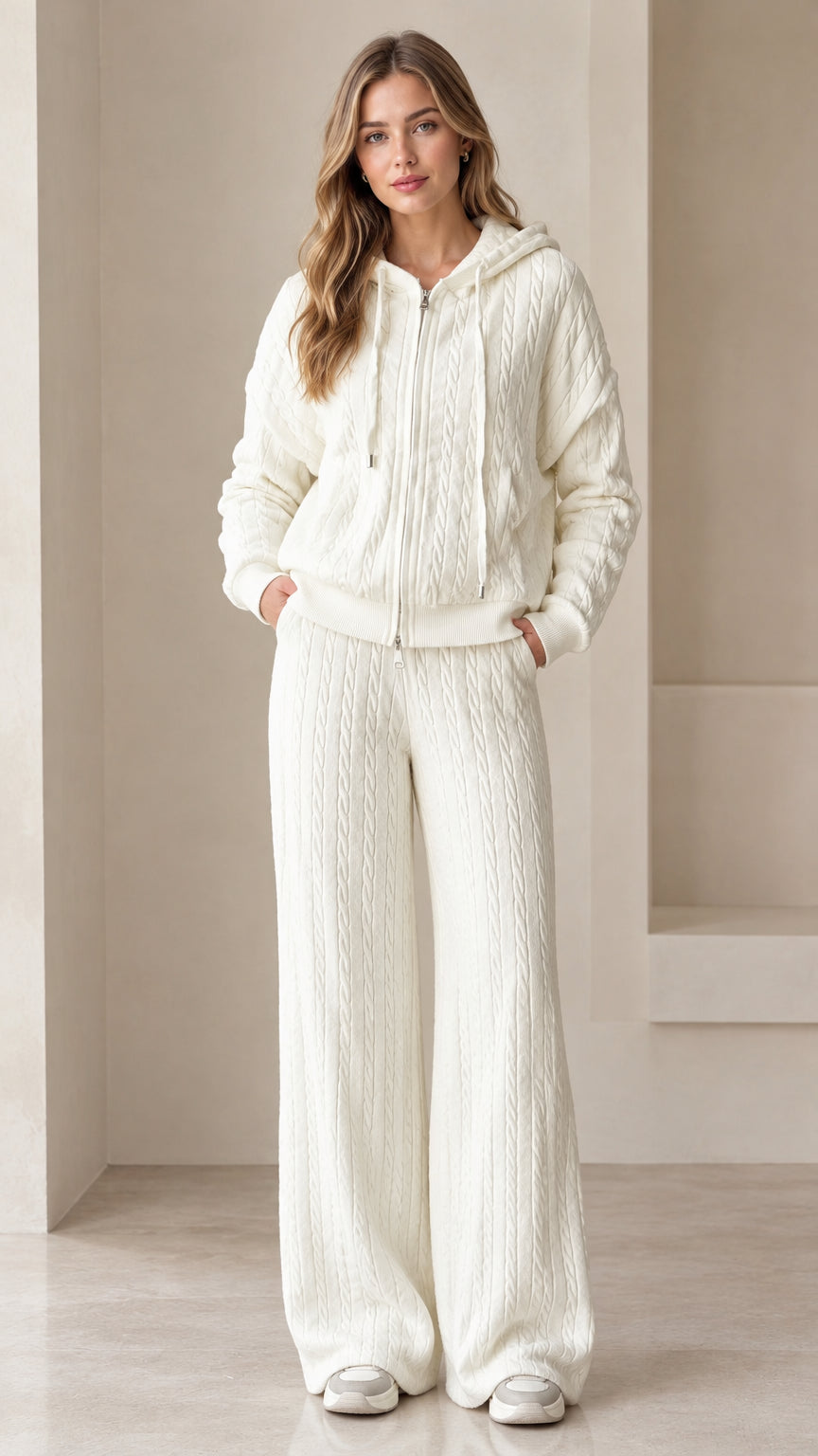 Front full-length view of woman wearing white cable knit zip-up hoodie and matching wide leg pants