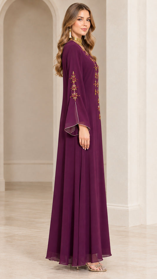 Side profile of woman in Plum embroidered long-sleeve maxi dress