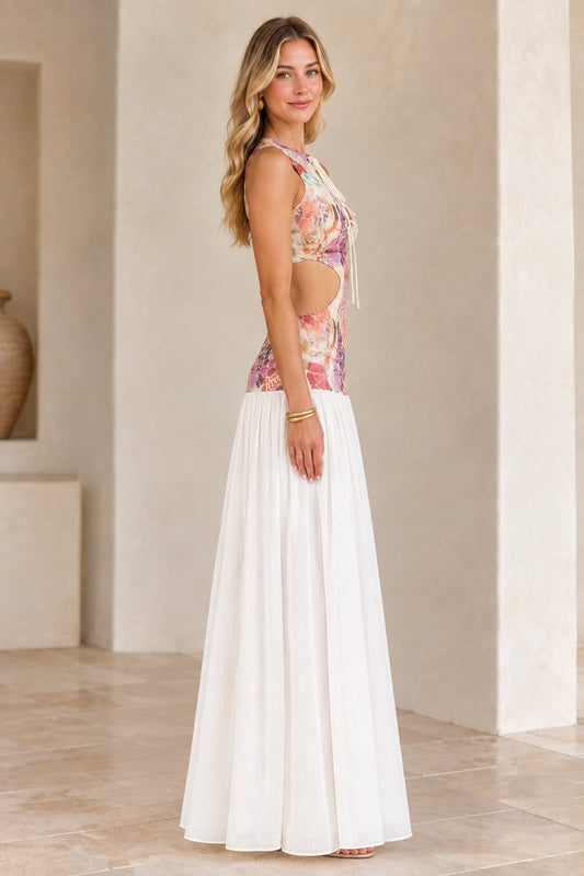Side profile view of White floral cutout maxi dress