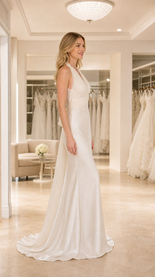 Side profile of Ivory satin halter formal dress