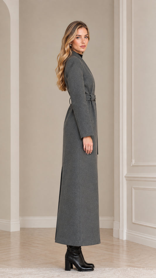 Side profile view of the Charcoal Grey tailored longline maxi coat