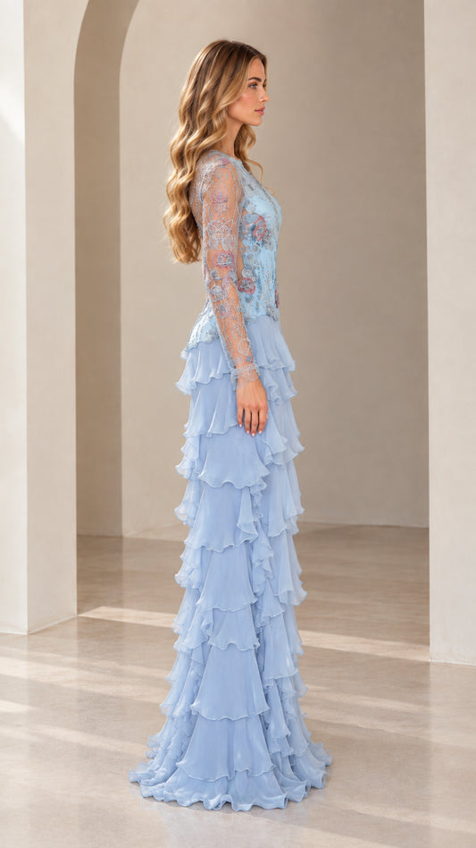 Side profile of Sky Blue tiered ruffle formal evening gown with sheer lace sleeves