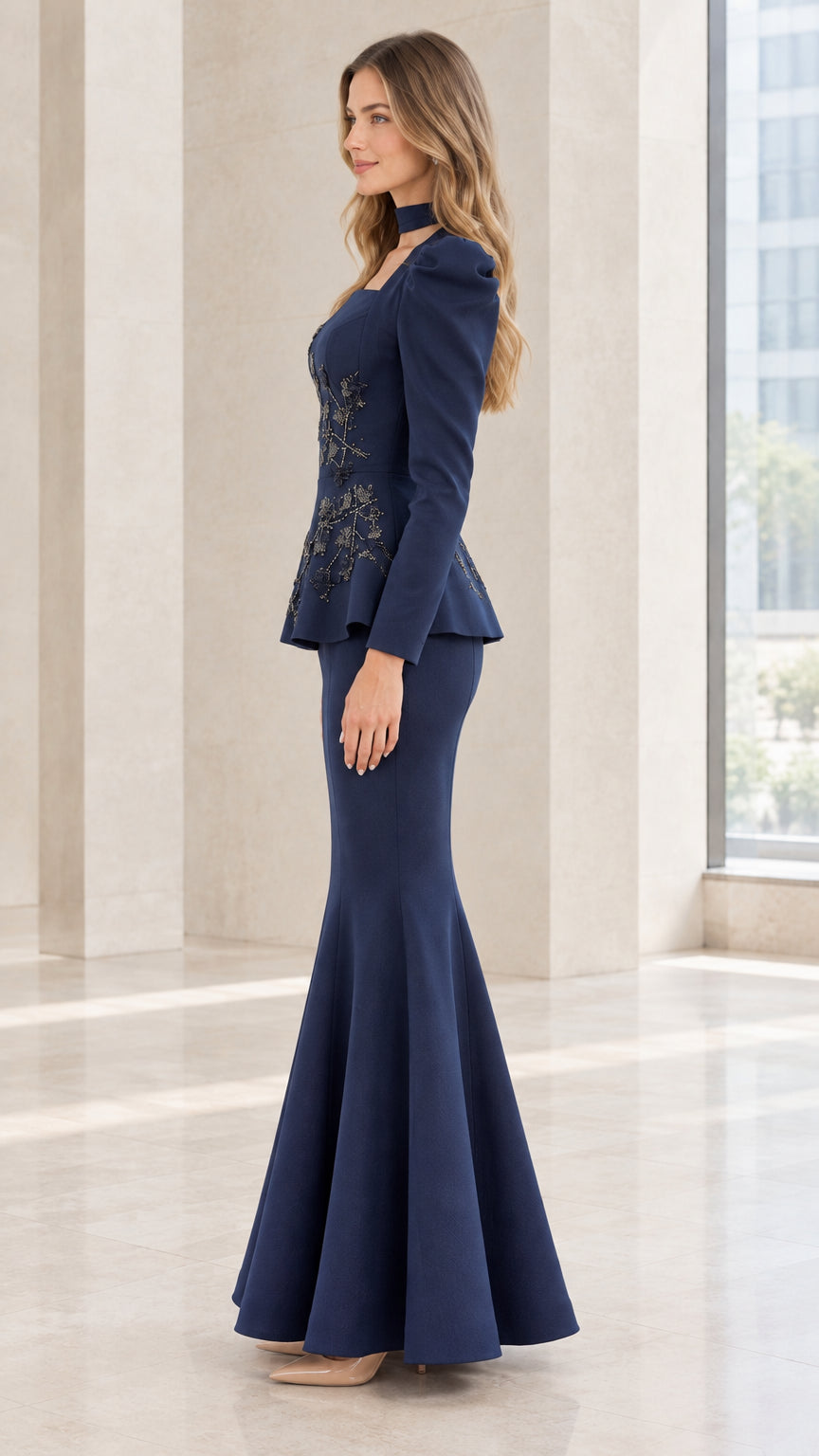 Side profile view of Navy Blue peplum maxi dress showing fitted mermaid silhouette