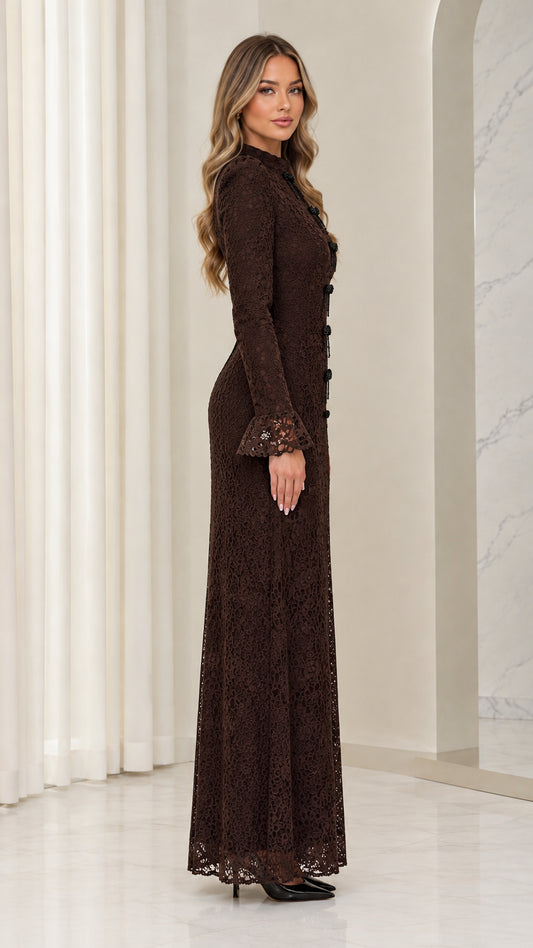 Side profile view of woman wearing chocolate brown lace evening gown