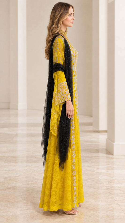 Yellow embroidered formal kaftan dress side angle view