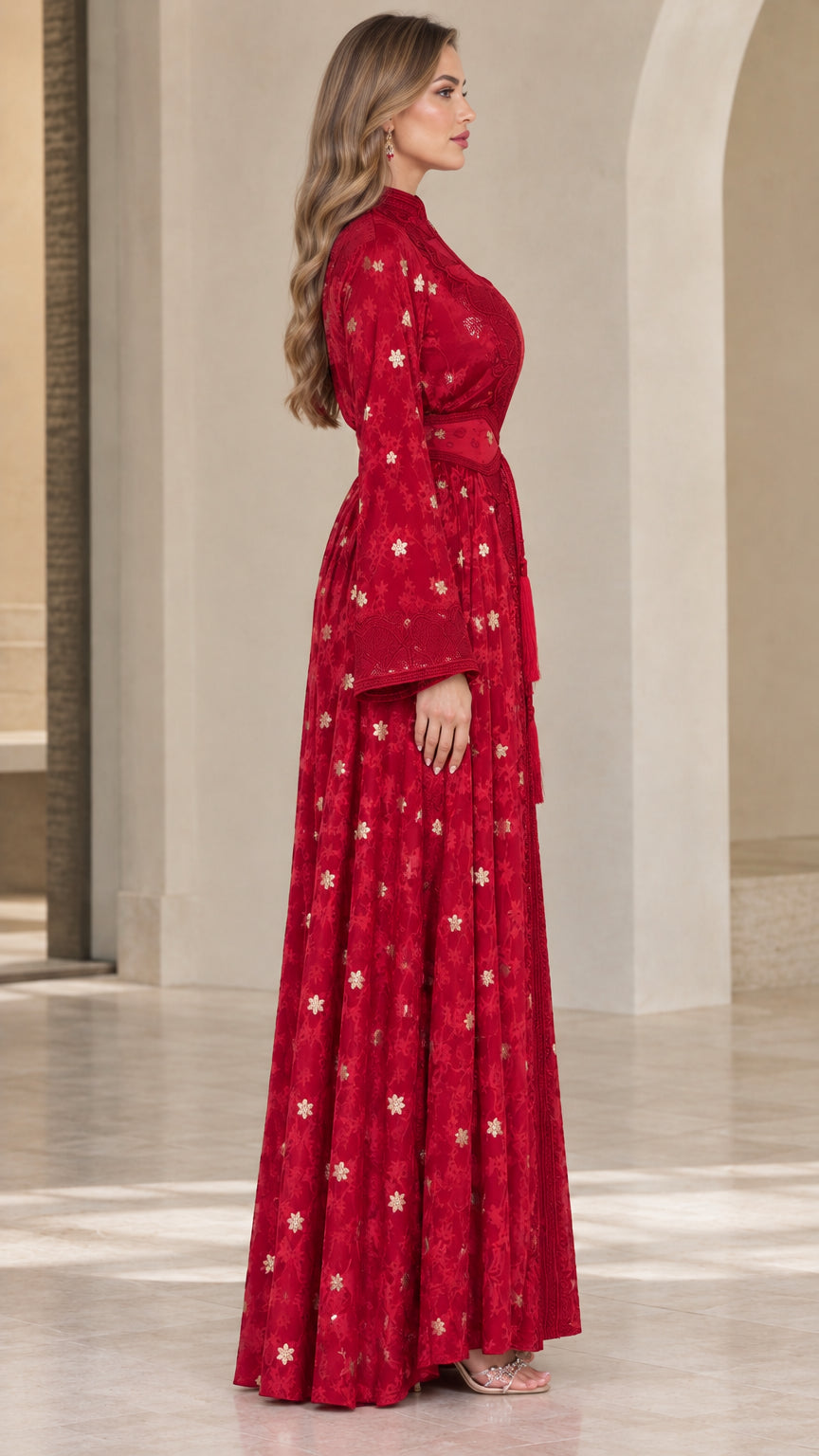 Side view of model wearing Ruby Red embroidered evening gown