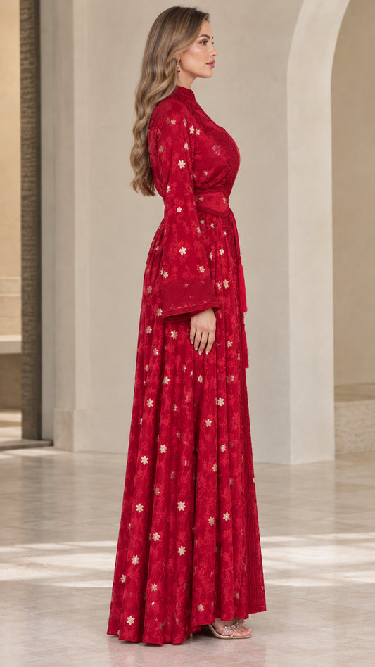 Side view of model wearing Ruby Red embroidered evening gown
