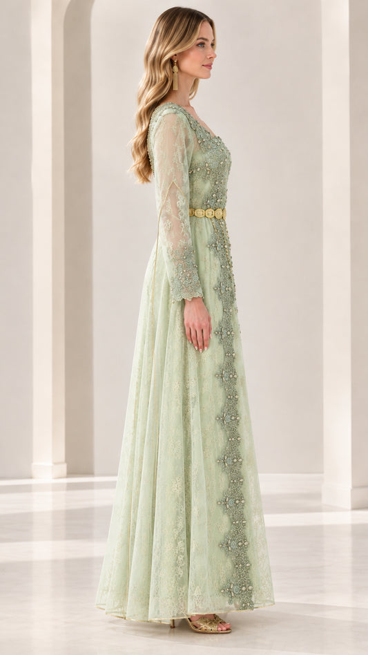 Side profile of sage green lace formal maxi dress showing elegant silhouette and sleeves
