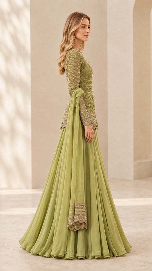 Side angle view of sage green embellished formal evening set showing silhouette and drape