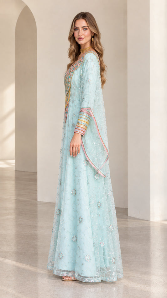 Side profile view of light blue embroidered kaftan gown showing sleeve drape