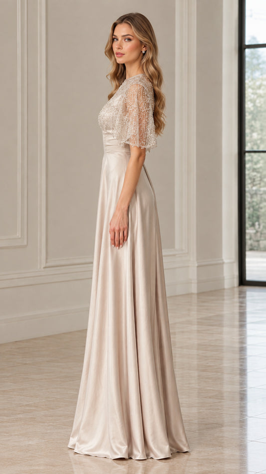 Side profile of woman wearing Champagne beaded satin formal maxi dress