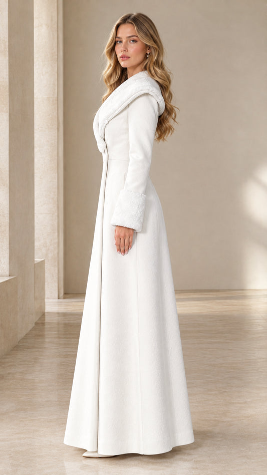 Side profile of elegant white tailored winter maxi coat