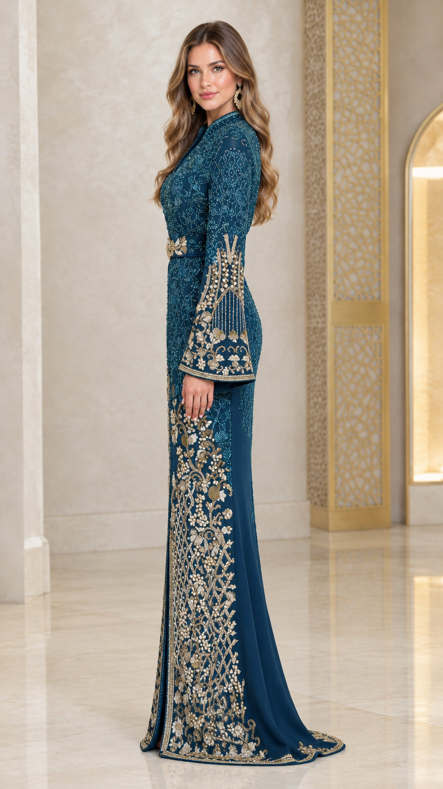 Teal embroidered formal caftan maxi gown side profile view