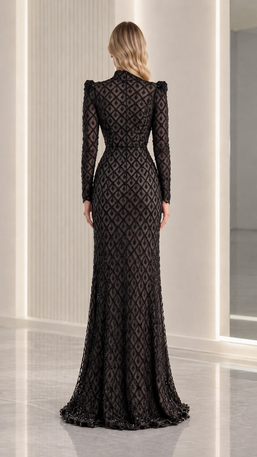 Back view of black long sleeve beaded evening dress with zipper