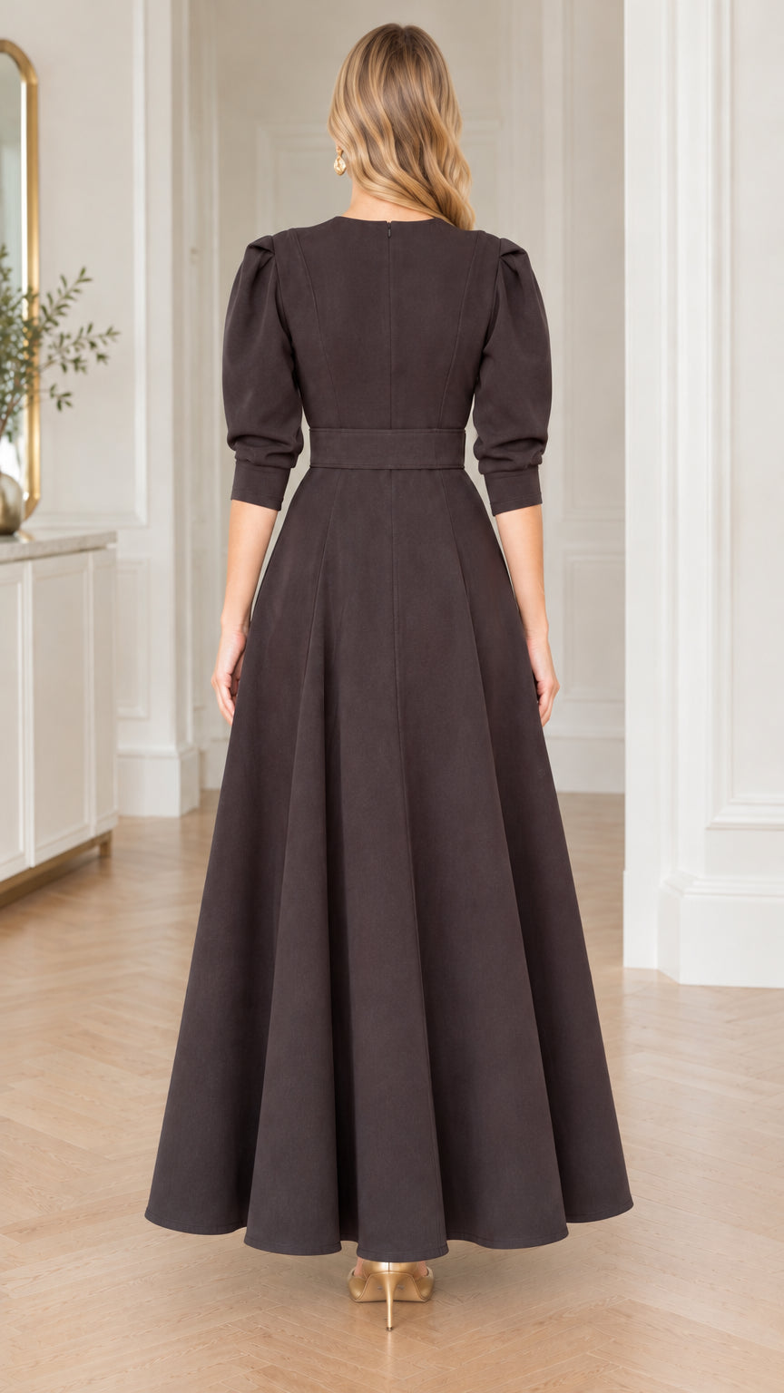 Back view of model wearing espresso brown belted puff sleeve maxi dress