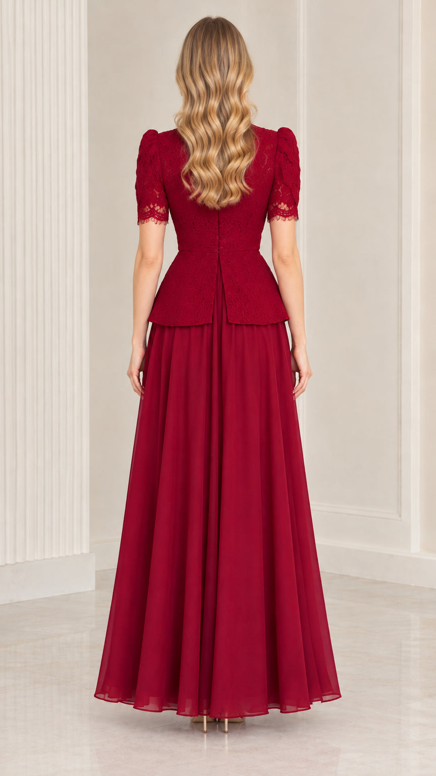Burgundy lace maxi dress back view showing flowing floor-length skirt