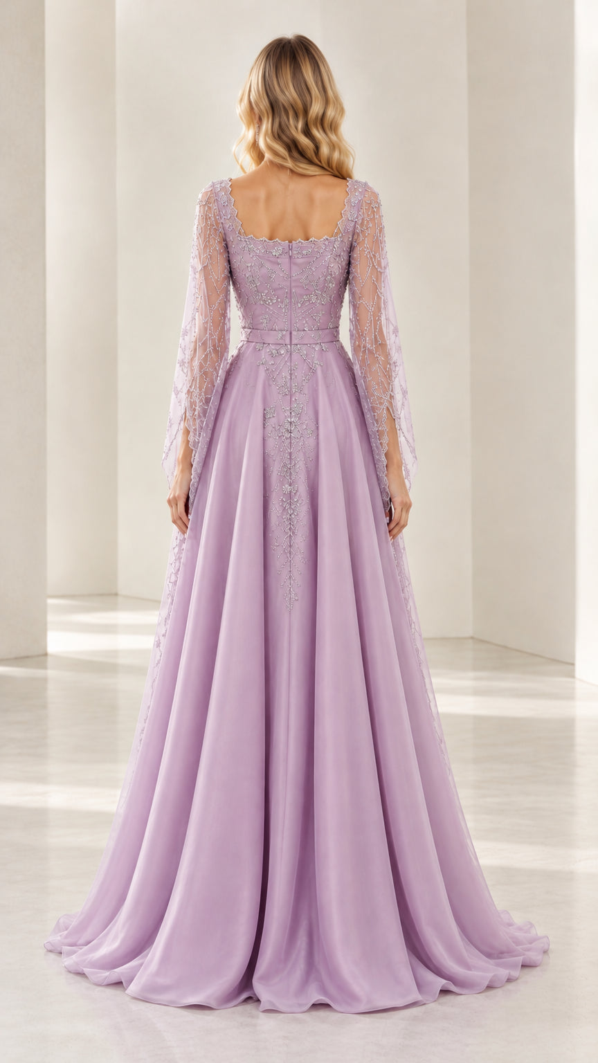 Back view of woman wearing lavender floor-length evening gown with square back neckline