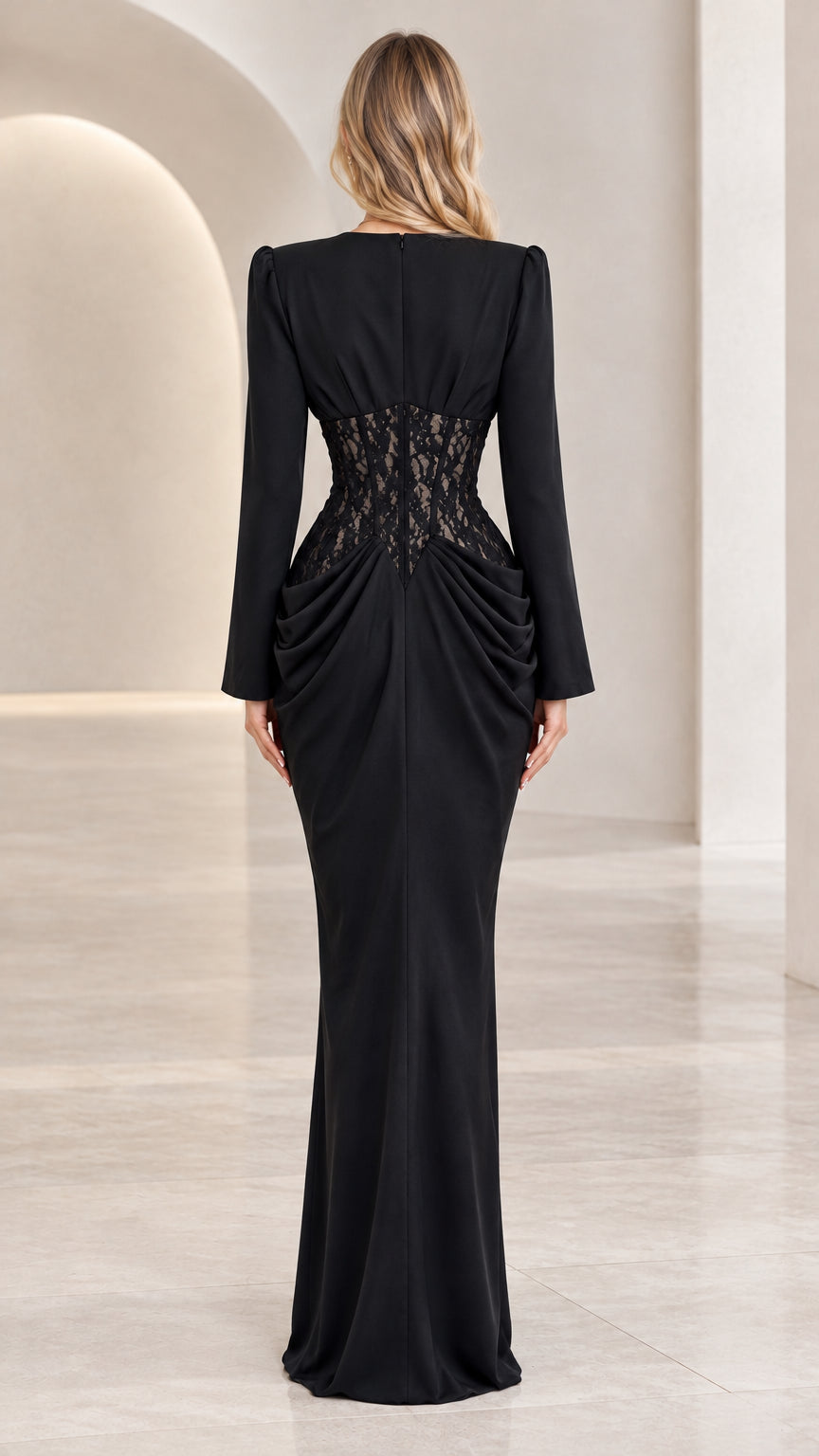 Black long sleeve maxi gown with lace waist detailing - back view