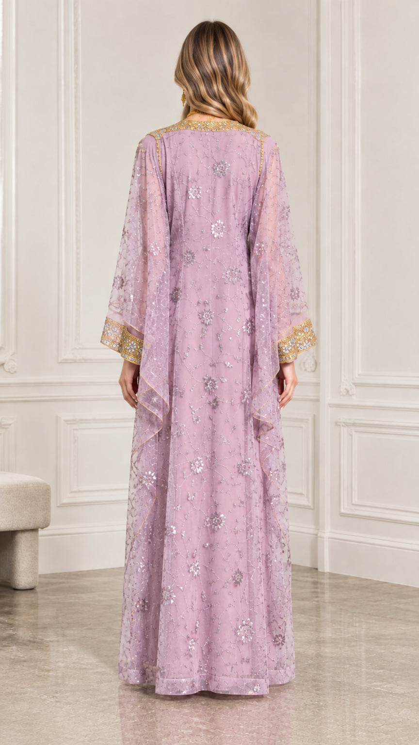 Back view of full-length lavender sheer overlay kaftan dress