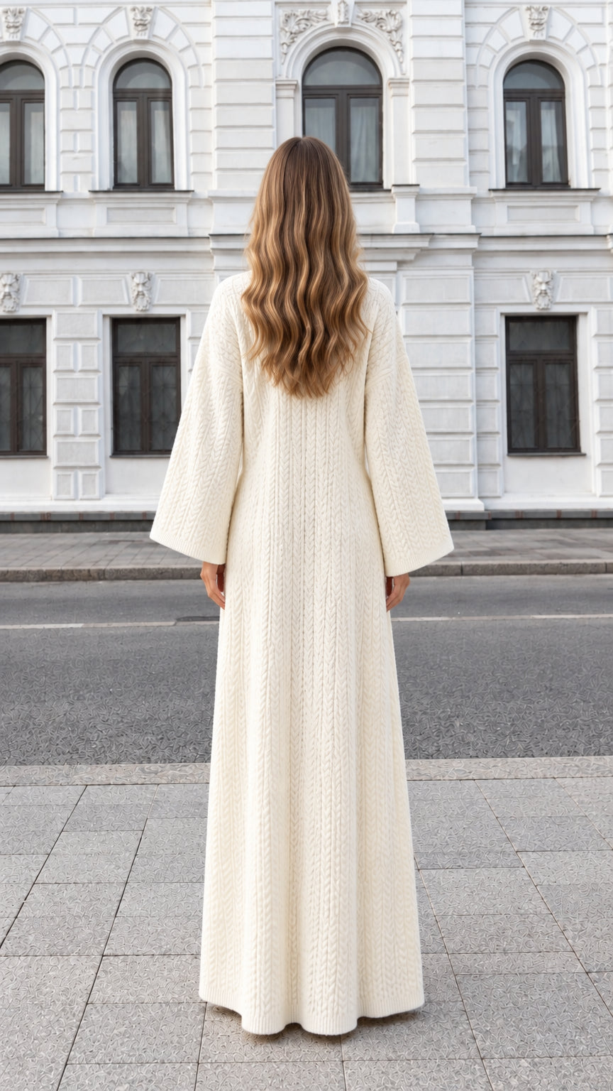 Back view of woman wearing full-length cream knit open duster cardigan
