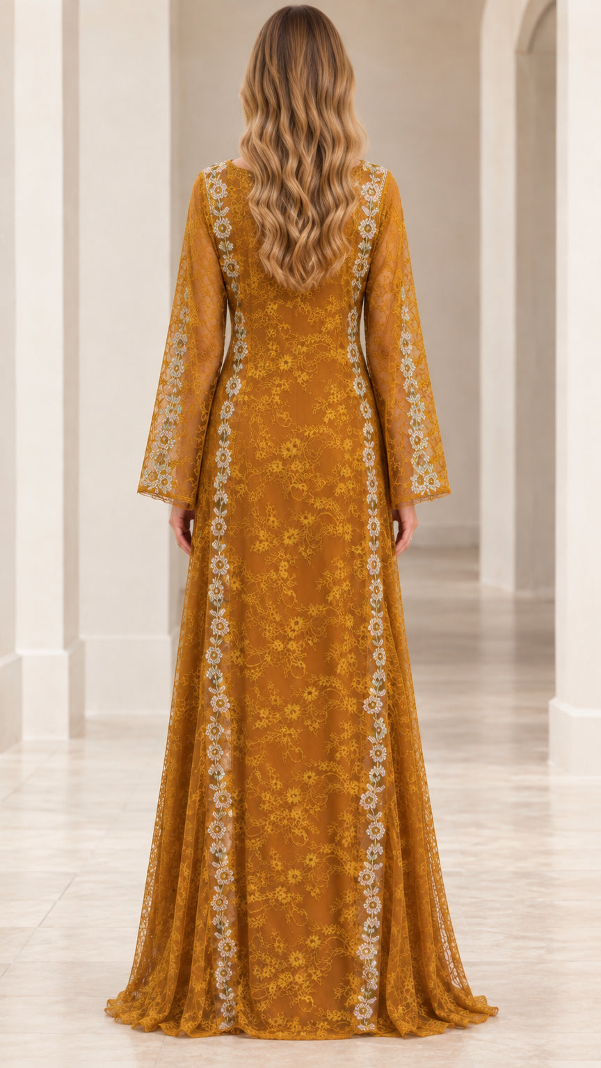 Back view of Mustard Gold lace maxi dress showing seamless lace pattern and floor length