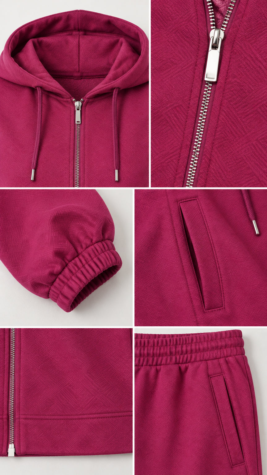 Close-up details of hood, zipper, pocket, and elastic cuffs of berry tracksuit