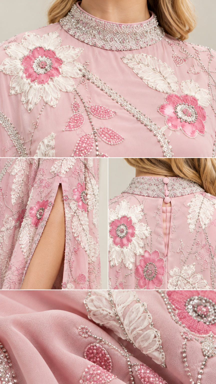 Close-up details of beaded collar, floral embroidery, and cape sleeve slit