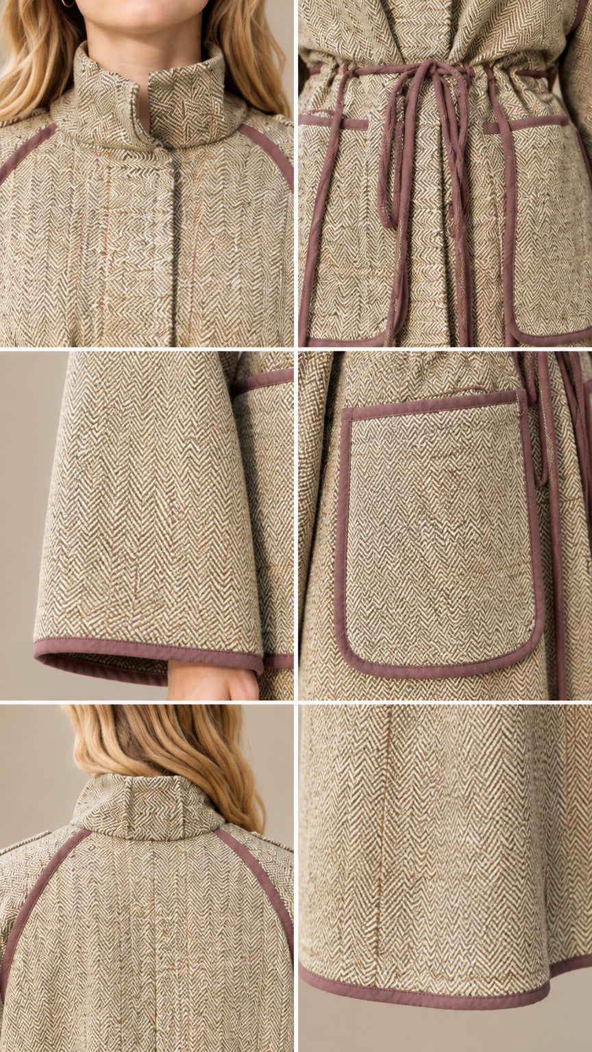 Close-up details of collar piping, drawstring waist, pockets, and herringbone weave