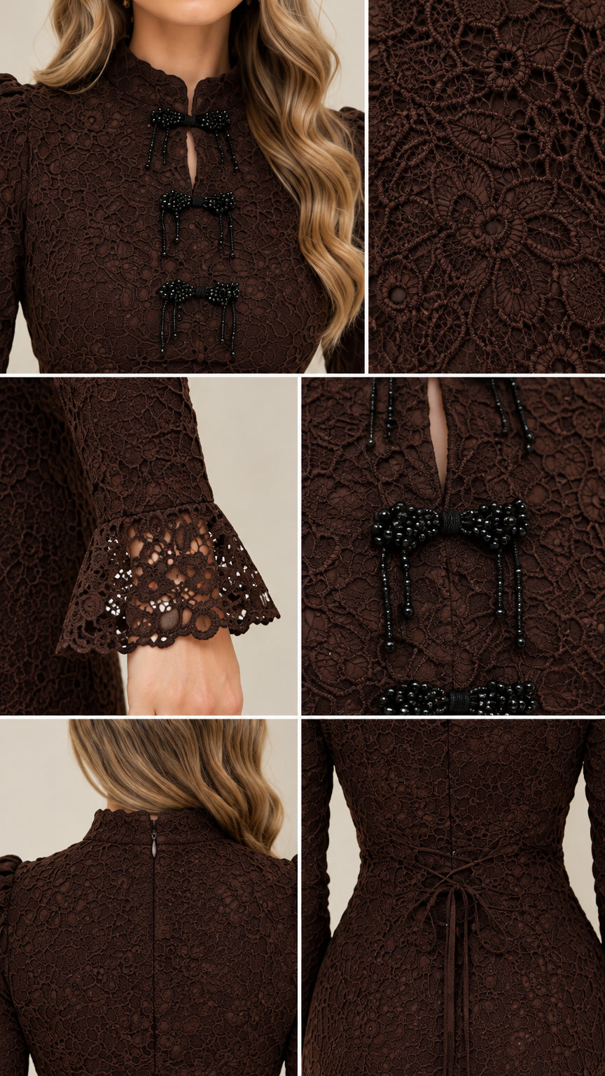 Close-up details of chocolate brown floral lace, beaded bow closures, flared cuffs, and back zipper