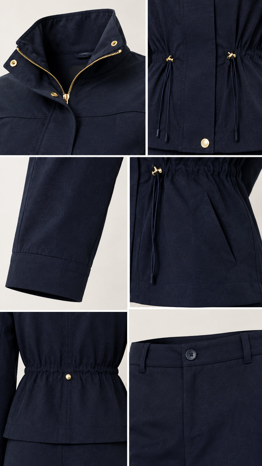 Close-up details of gold zipper, waist drawstring toggles, cuffs, and pockets