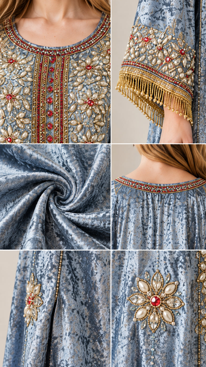 Close-up details of beaded embroidery, crushed velvet fabric, and tassel cuff trims
