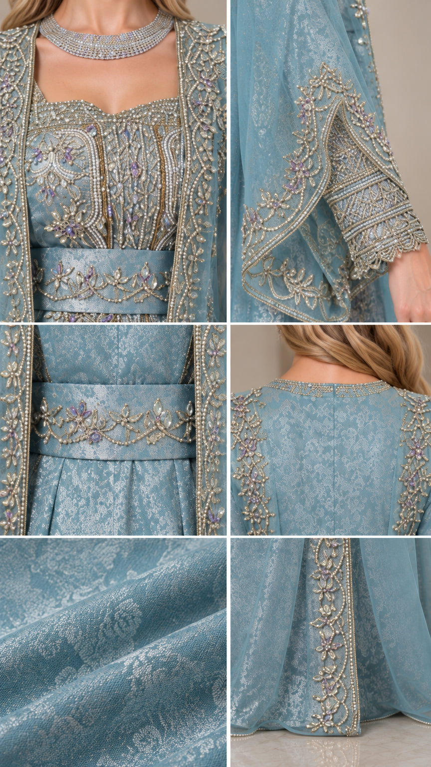 Close-up details of intricate embroidery, beaded neckline, belt, and fabric texture
