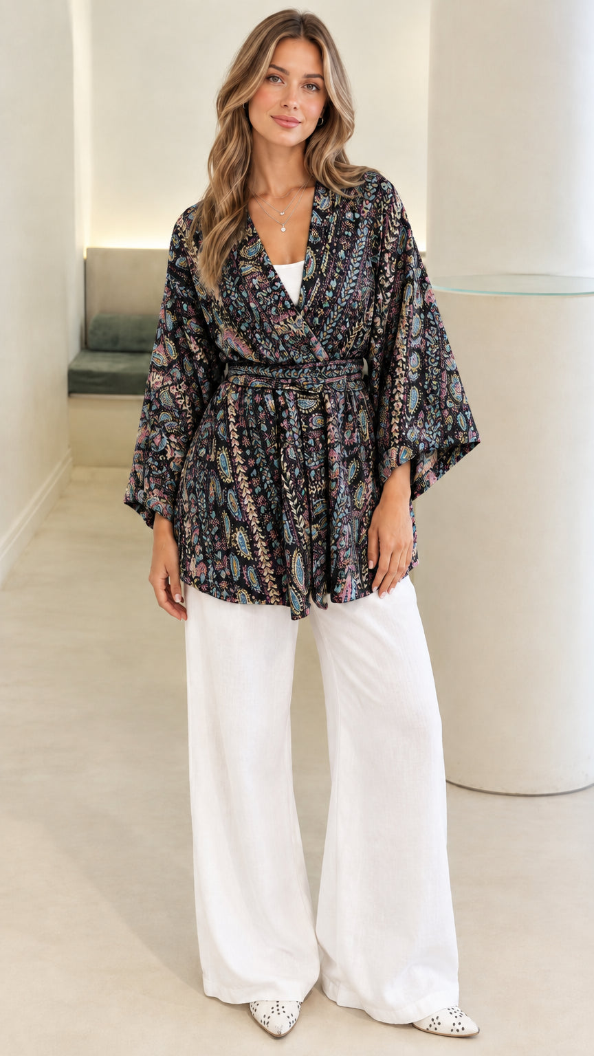 Front view of black paisley print belted kimono cardigan blouse