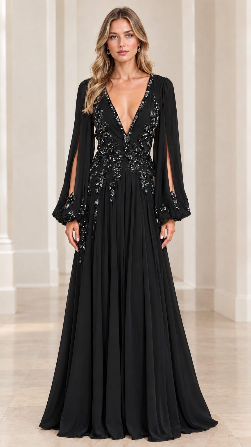 Model wearing black deep V-neck evening gown with tonal embroidery and slit sleeves