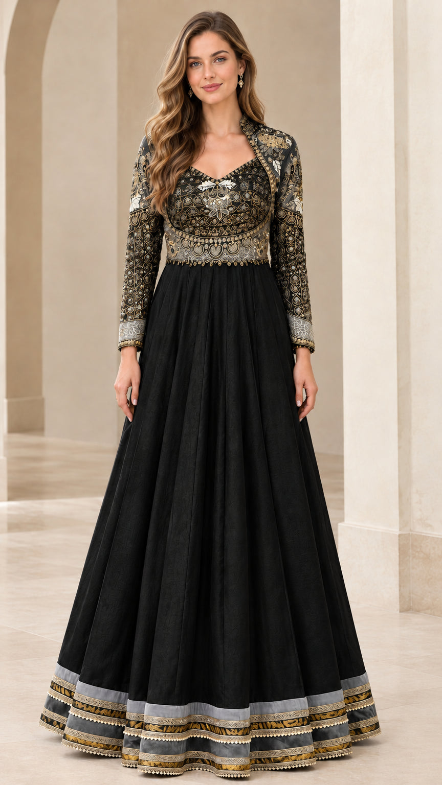 Full-length front view of Black embroidered long sleeve maxi formal dress