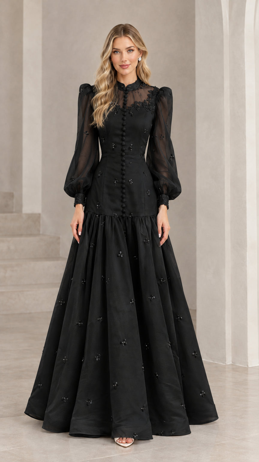 Black sheer high neck formal evening ball gown