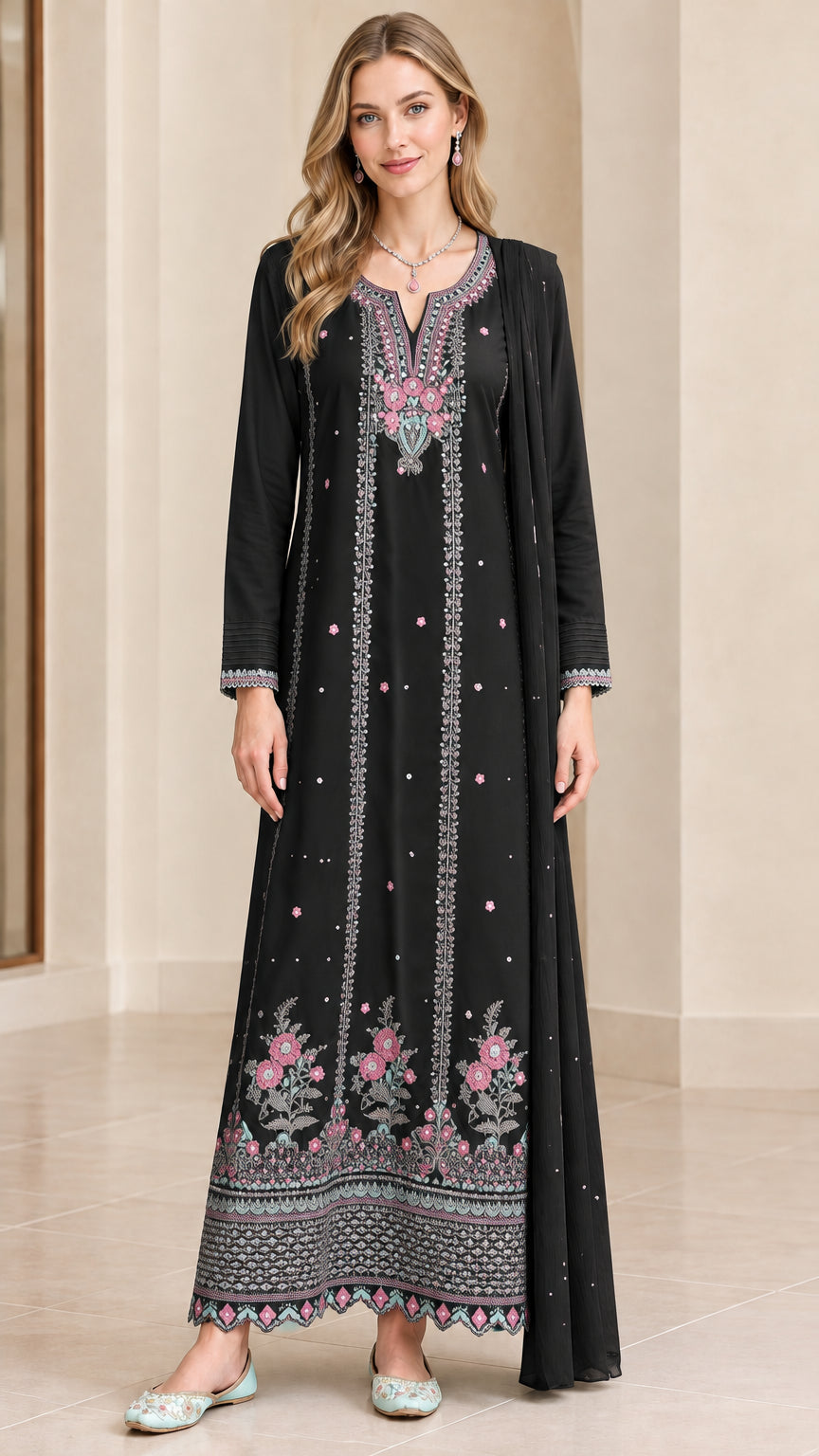 Front view of black embroidered maxi dress with matching scarf