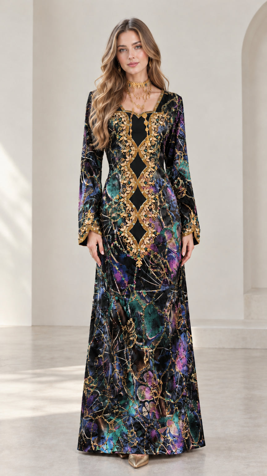 Front full-length view of black embroidered evening kaftan dress