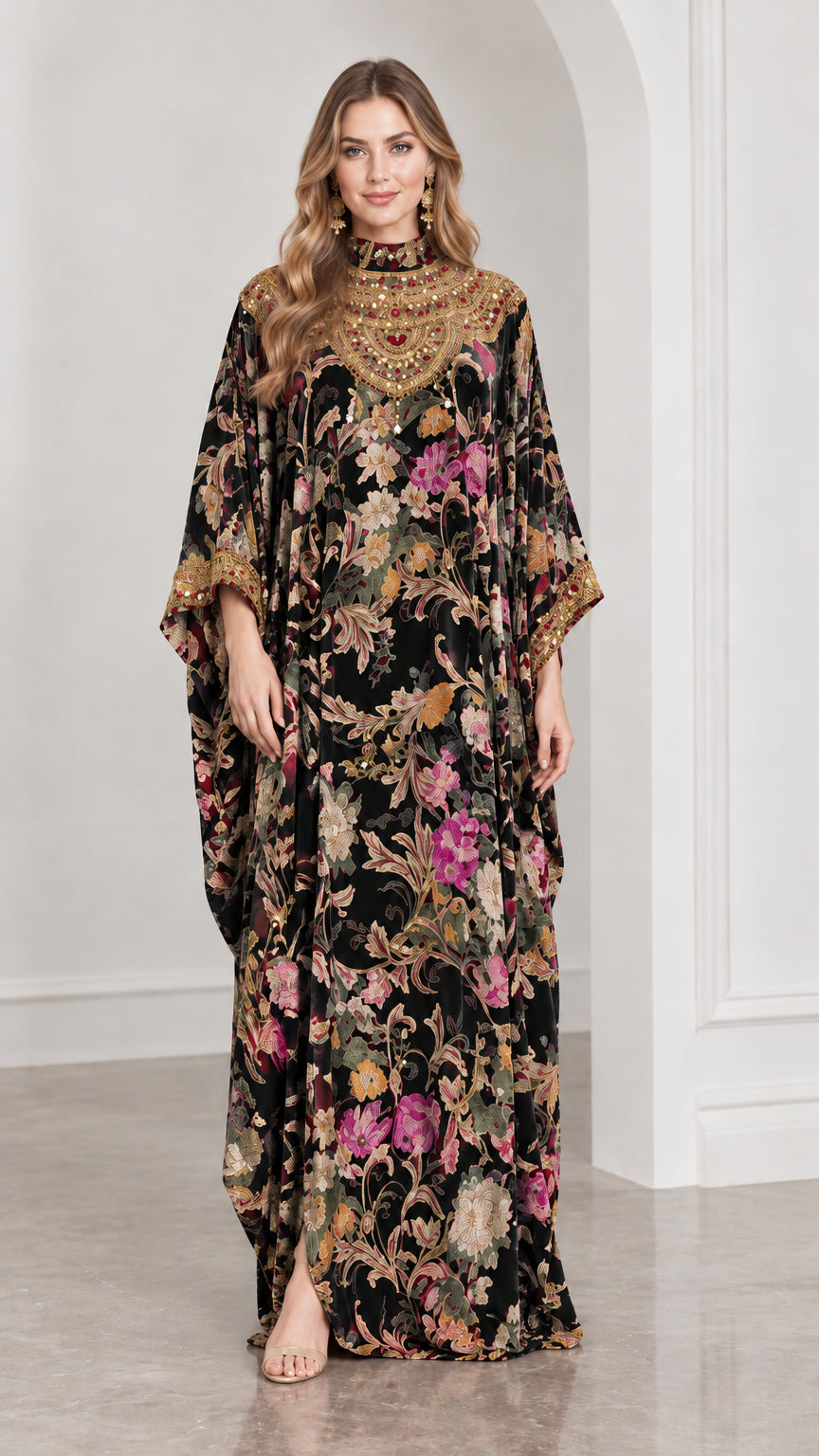 Front view of black floral velvet kaftan maxi dress with gold embellished collar
